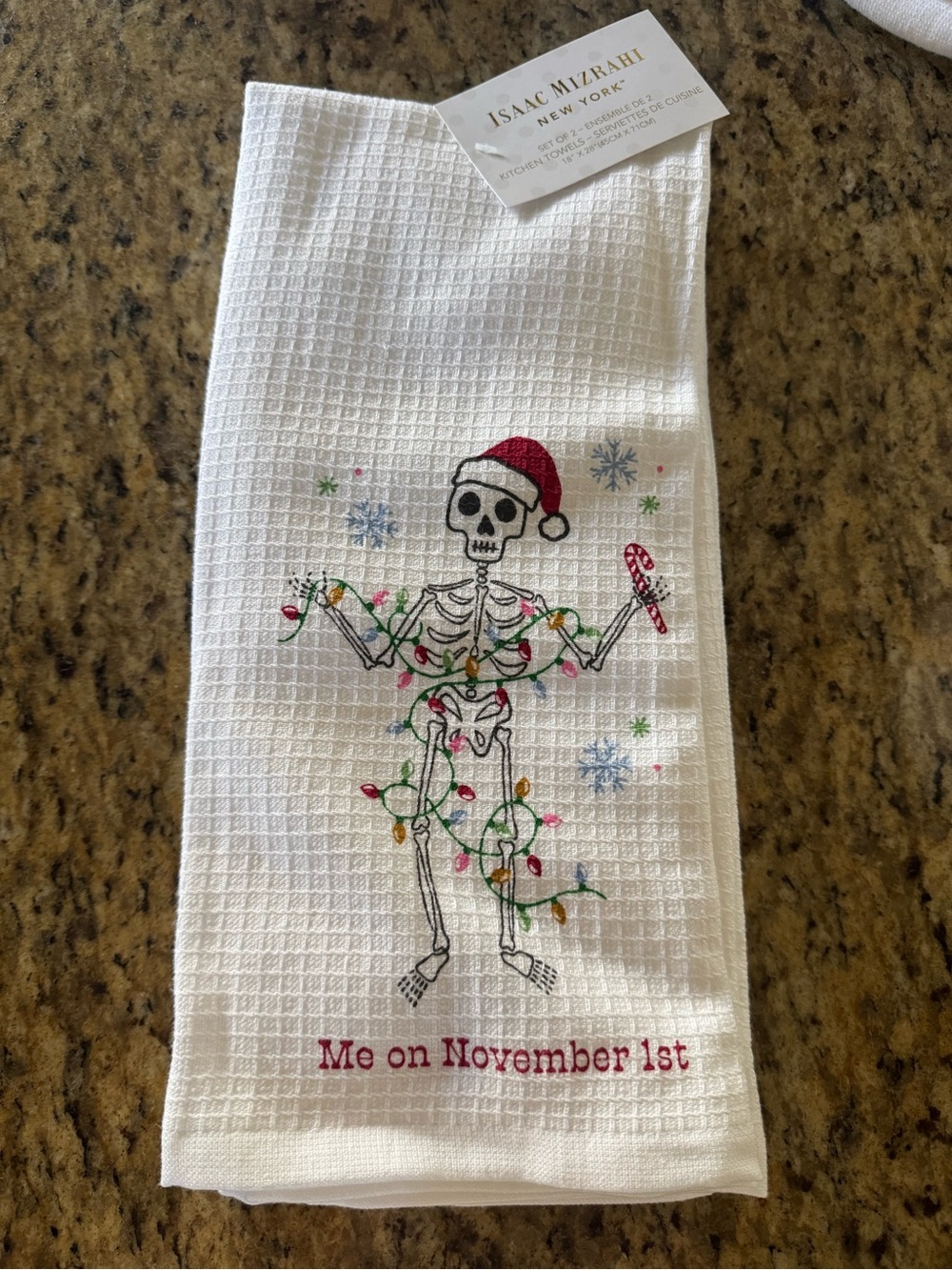 Isaac Mizrahi White Funny Towel Christmas\Halloween 2 Piece Set